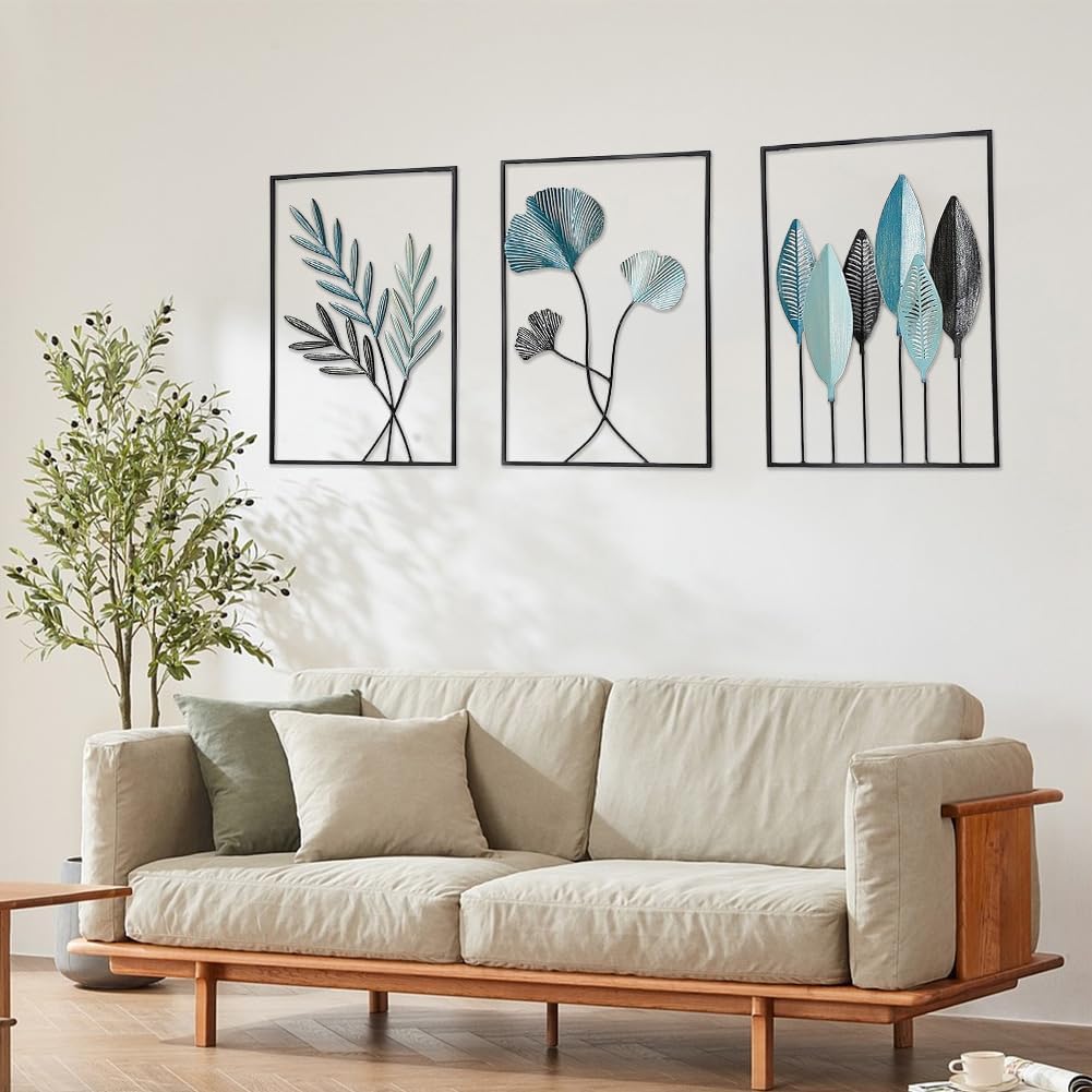 Zinueen 3 Stück Blatt Wanddekoration aus Metall, Schwar Metall Wandkunst | Minimalistische Metall Wanddeko, Home Wandkunst Dekorative Gemälde, für Zuhause Wohnzimmer Schlafzimmer Flur
