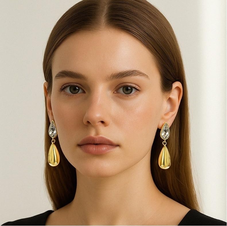 Teardrop Gold Drop Earrings for Women Dangle Statement Earrings with Cubic Zirconia Jewelry Gifts for Her - Image 3