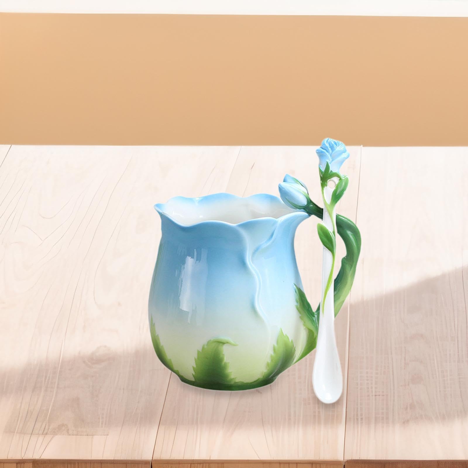 Ceramiczny kubek do kawy z łyżeczką, 10,8 uncji, niebieska porcelana, kubek poranny do latte, soków, gorących napojów, mlecznej herbaty, kubek popołudniowy z motywem kwiatowym(Blue)