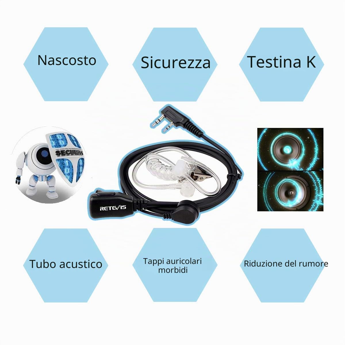 Retevis Auricolare Walkie Talkie 2 Pin Walkie Talkie Cuffie Compatibile RT24 RT618 RT27 RT622 ESYNiC Nestling Baofeng BF-888S Kenwood Auricolare Radio Bidirezionale (5 Pezzi)