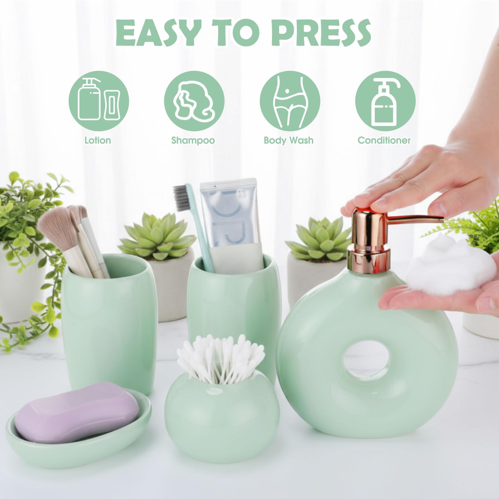 FoldTier Set da 5 pezzi di accessori da bagno in ceramica, include dispenser per sapone, portabicchiere per spazzolino, portasapone, elegante e moderno, decorazione da bagno in smalto opaco (verde)