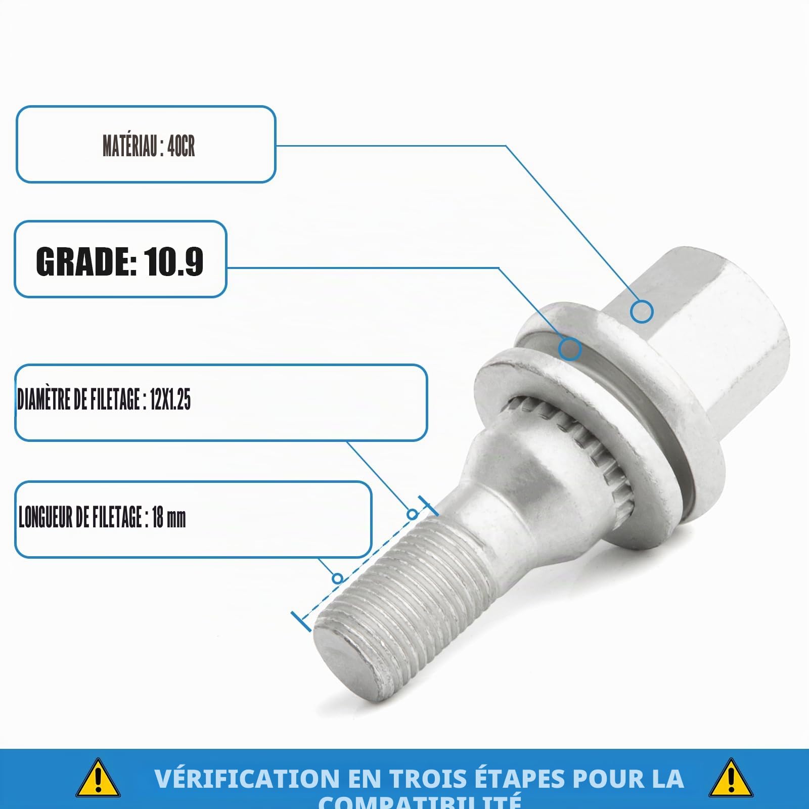 GAsupply Lot de 16 boulons de roue M12 x 1,25 avec rondelle plate, compatibles avec Citroën Peugeot, goujons de roue hexagonaux (Geomet)