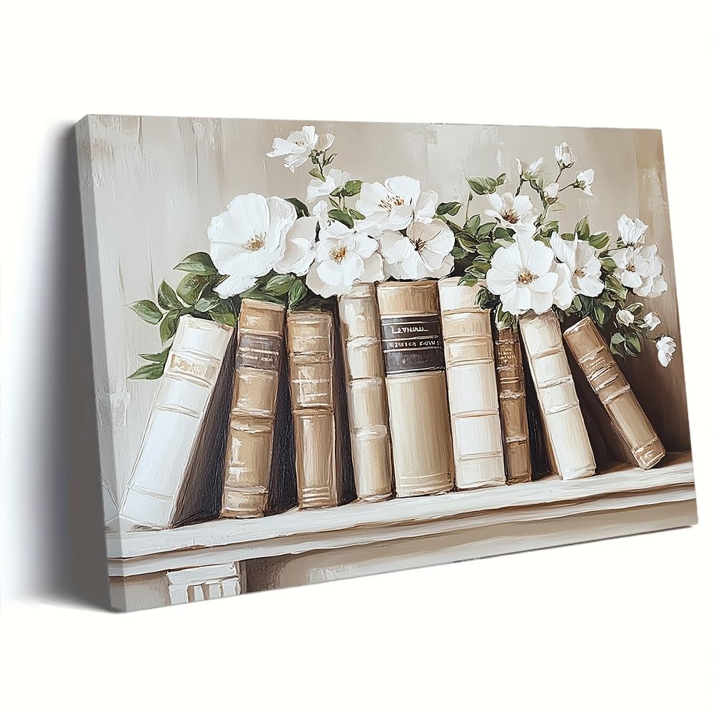 Ukixom Inner Frame Vintage Books White Flowers Canvas Art Print, Rustic Wall Decor, For Home Office, Perfect Valentine's Day Book Decor(70X100cm(28X39in)/Innerframe)
