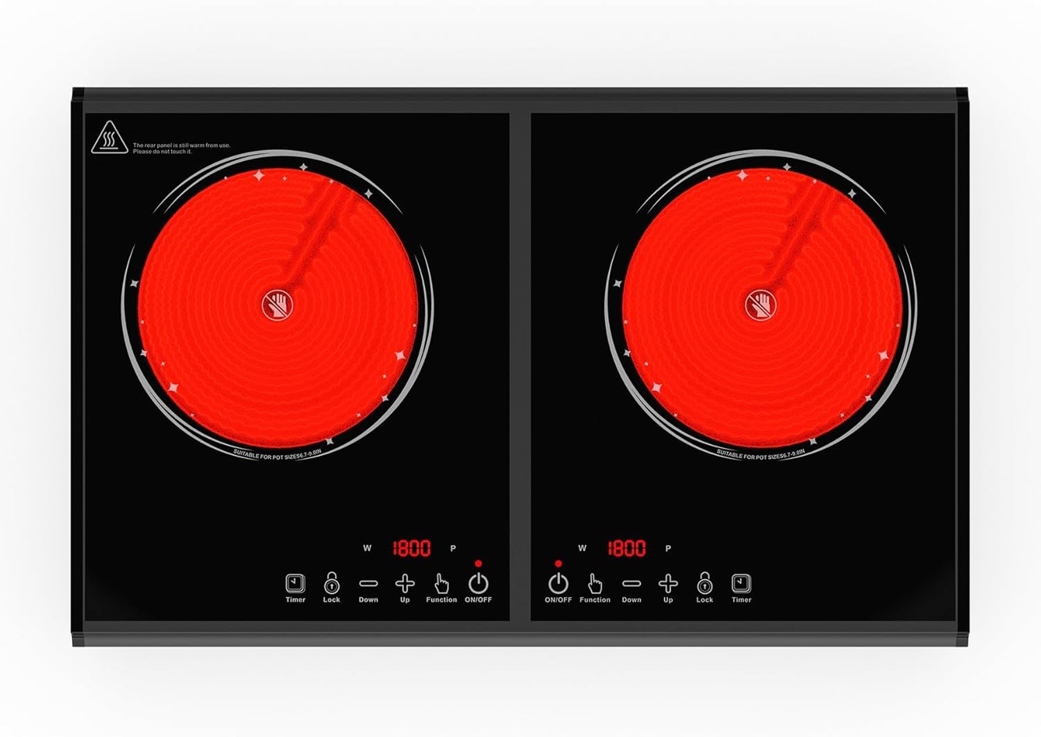 VBGK plaque cuisson électrique. 220 V, 3600 W, plaque de cuisson électrique 2 feux, plan de travail avec 9 niveaux de puissance, commande tactile LED, protection contre la surchauffe