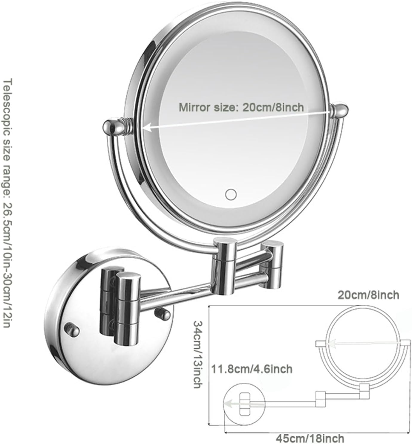 Genérico Espejo de Maquillaje Iluminado montado en la Pared Recargable con Aumento 10X, Brillo y Altura Ajustables, rotación de 360°, Espejo de Aumento con luz para Mujeres Carga USB