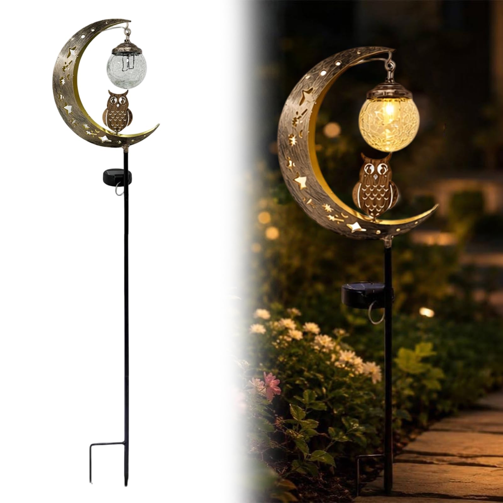 Owl Solar Garden Lights Outdoor, Moon Solar Light with Crackle Glass Globe, Decorative Solar Garden Ornament Warm LED for Lawn Patio Yard Courtyard