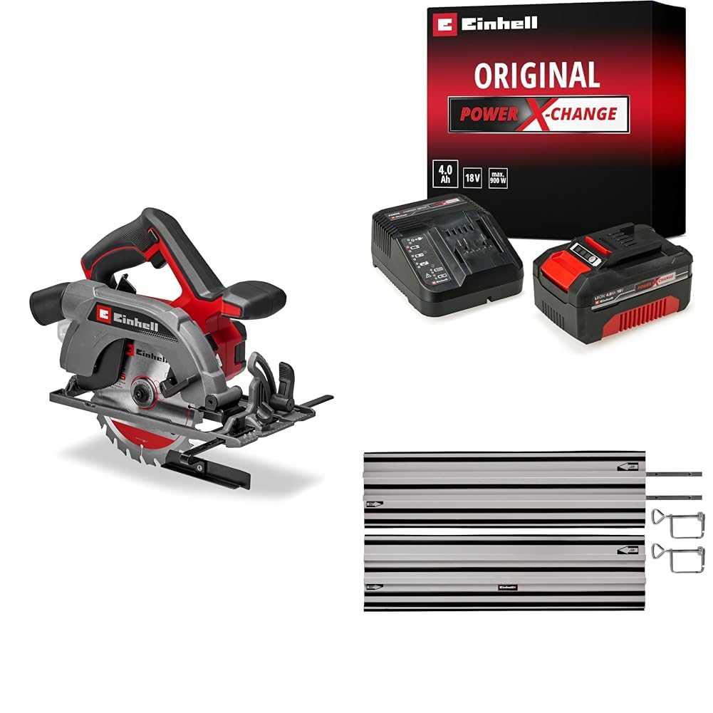 Einhell TE-CS 18/165-2 Li - Solo, Cordless Circular Saw + 18V 4,0 Ah PXC Starter Kit, Akü ve Şarj Cihazı + Alüminyum Daire Testere Rayı 2x1000 mm