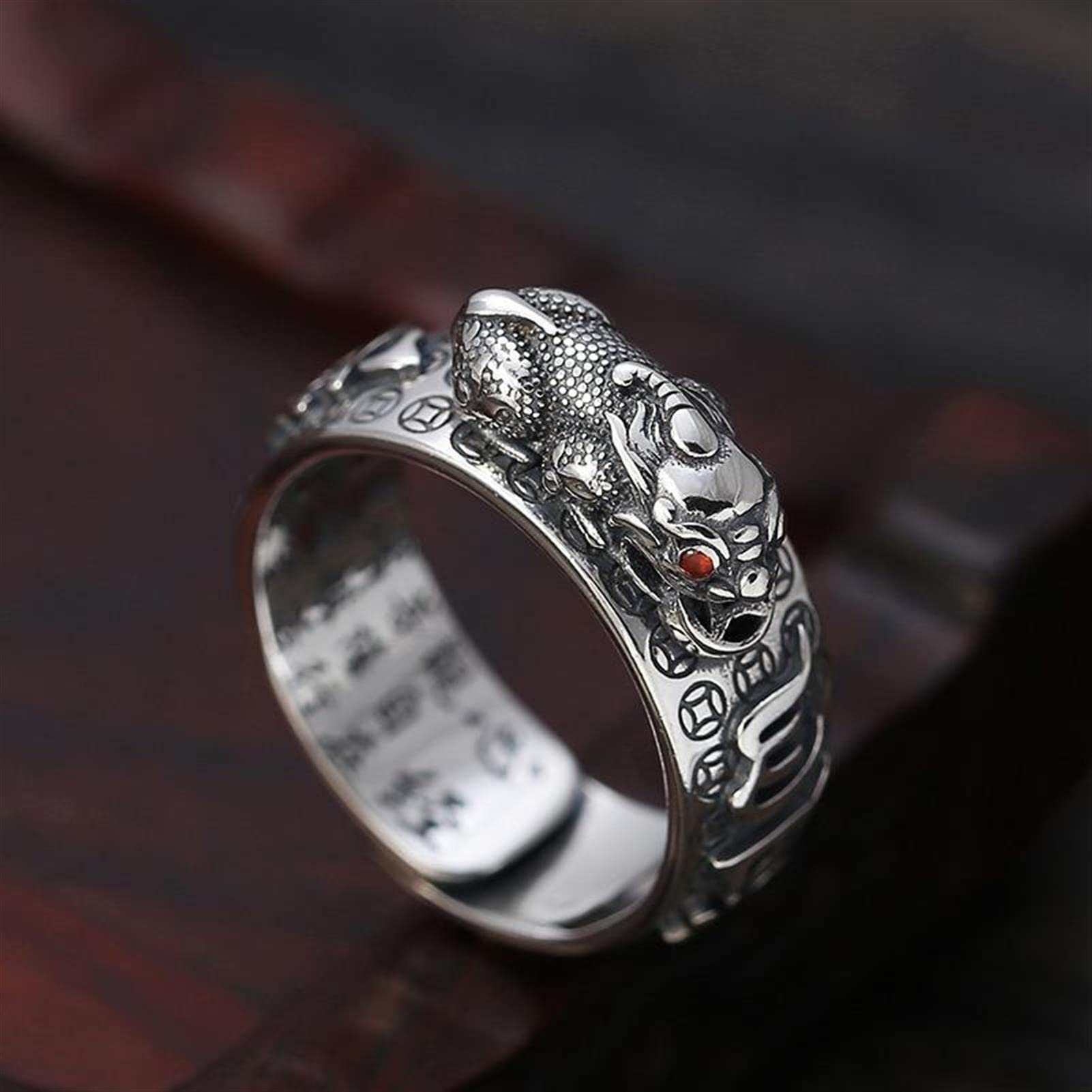 Feng Shui Pixiu Mantra Ring S925 Silver Buddhist Good Luck Amulet Mantra Double Protection Wealth Love Health Ring Gift for Men Women Adjustable,005