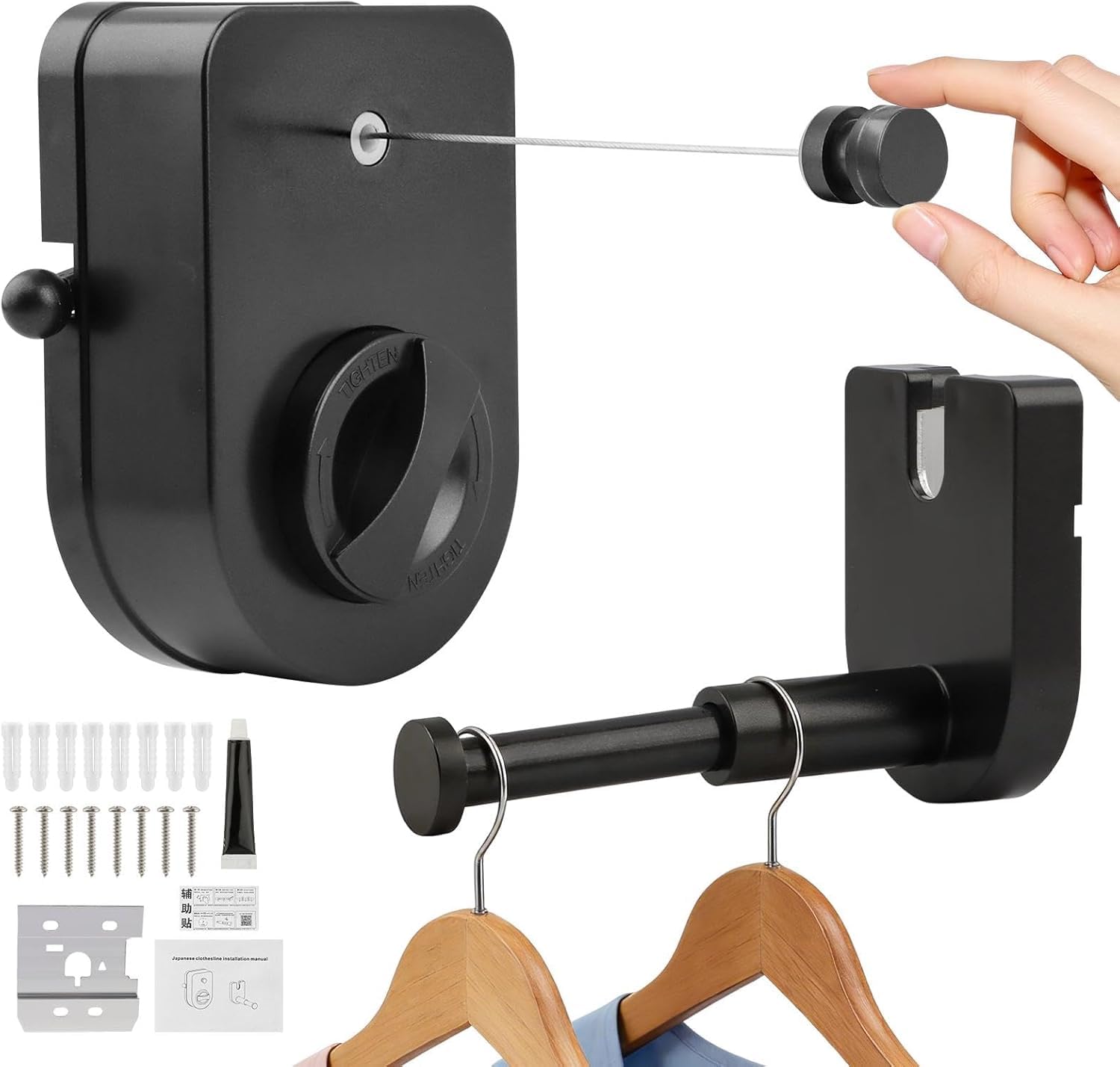 Tendedero Retráctil Pared, 4.2m Acero Inoxidable, Diseño Anticaída, Secado Retráctil Sin Taladrar, Secado Retráctil para Interior, Balcón, Lavandería (Negro)