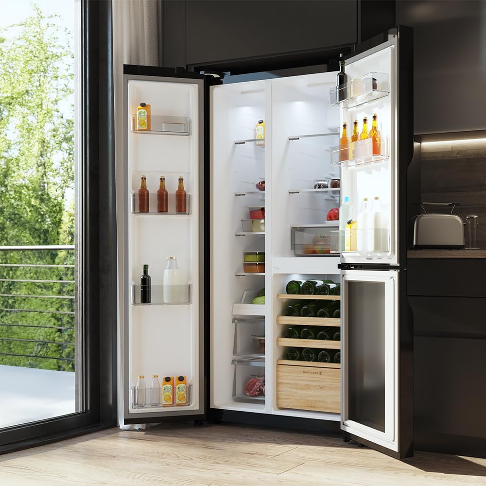 Cecotec Frigorífico 3 puertas Bolero CoolMarket TDW 548 Black Glass E, Clase E, 548 L, Diseño T Door, Compresor Inverter Plus, Total No Frost, Metal Cooling, Multi AirFlow, Fast Cooling & Freezing