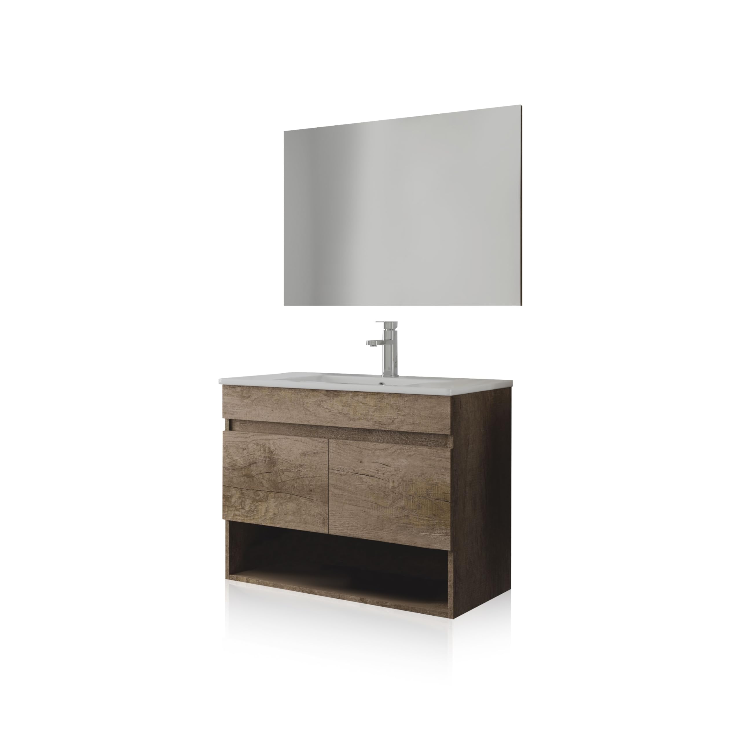 duehome | Mueble de Baño Suspendido con 2 Puertas, Espejo y Lavabo Cerámico, Modulo Colgante, Modelo Thai, Acabado en Nordik, Medidas: 80 cm (Ancho) x 64 cm (Alto) x 45 cm (Fondo)