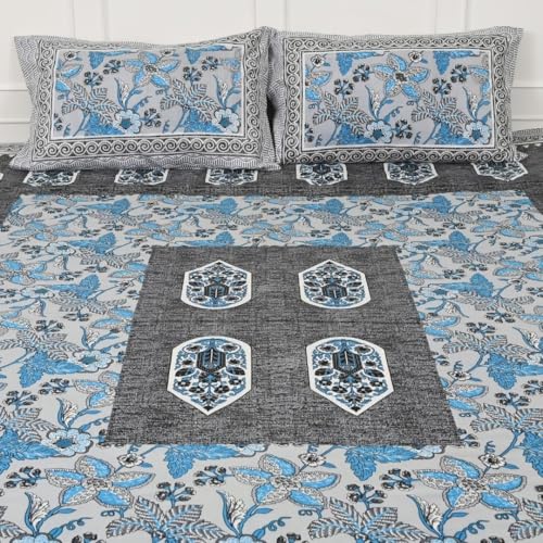 Image of Jaipur Weaves Jaipuri Double Bed Cotton Bedsheet Queen Size 90x85, 120 TC 100% Pure Cotton Bed Sheet with 2 Pillow Covers, Floral Traditional Print (Aqua, Double)