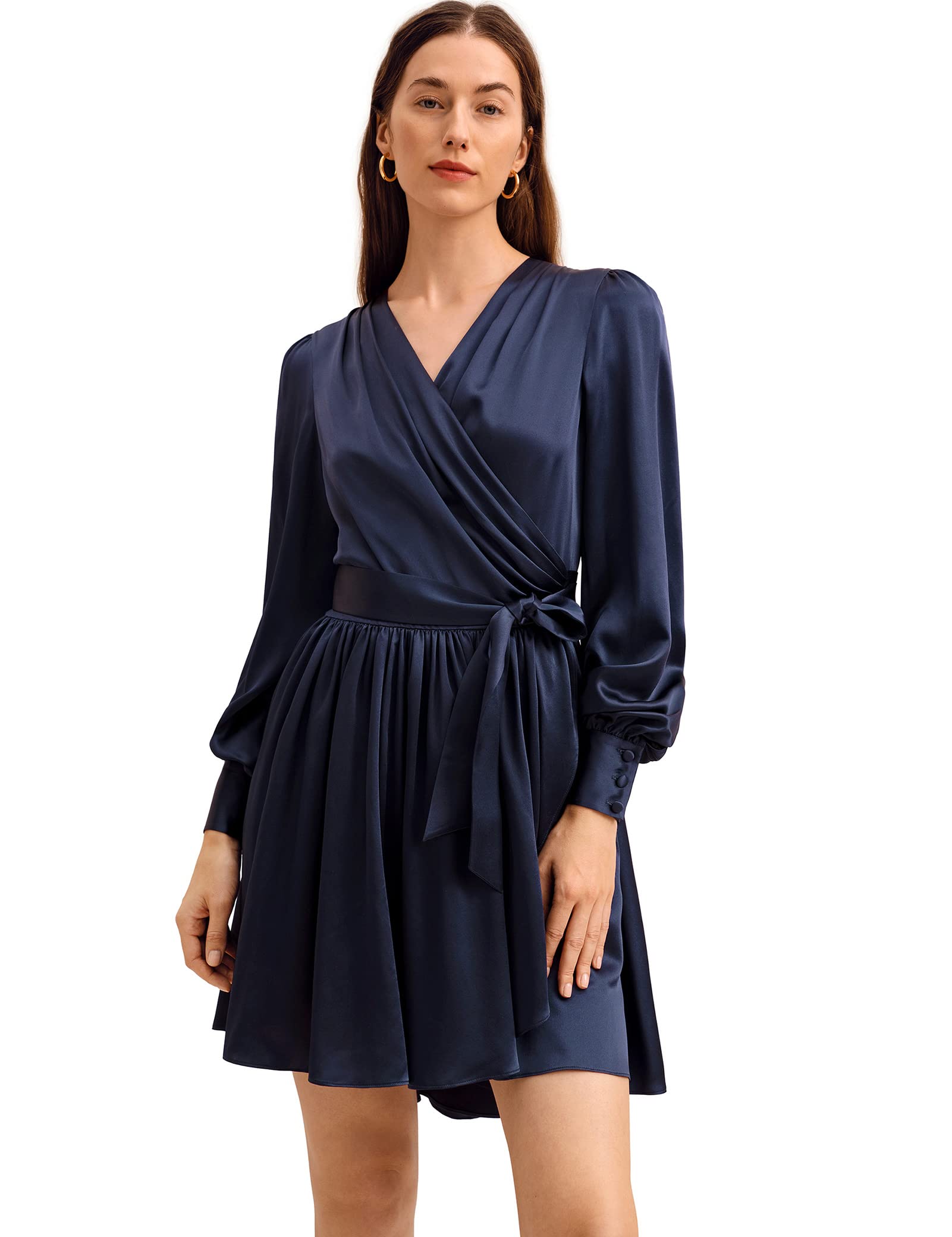 LilySilk Womens Silk Wrap Dress Ladies Pleated Evening Gown with Puff Sleeve Girls Maxi Midi Dress for Cocktail
