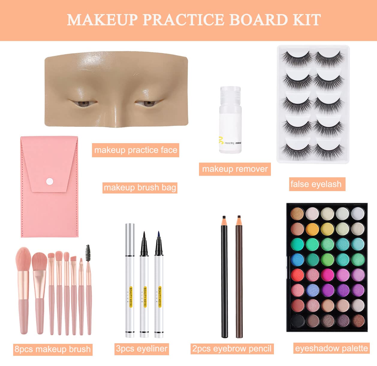 Tabla facial de práctica de maquillaje, cara de maniquí de maquillaje 3D reutilizable, cara de práctica de maquillaje de ojos con kit de maquillaje para estudiantes y principiantes para practicar 7