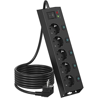 SUDEERY 5-Way Power Strip Individually Switchable Black Multiple wall socket with surge protection 1050J for home and office 2 m cable