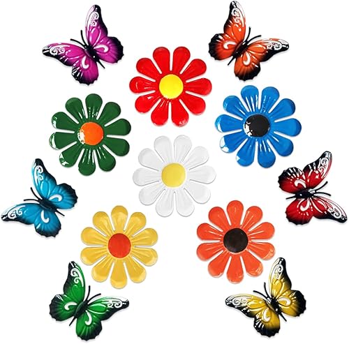 12 piezas de decoración de jardín que incluye 6 flores de metal, 6 mariposas de metal, decoración de pared, girasol, margarita, adorno colgante de