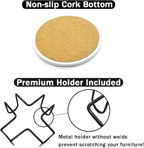 Miniatura 4 de HOPONY Posavasos para bebidas, juego de 6 posavasos de piedra de cerámica con soporte de metal, base de corcho, tazas absorbentes para decoración
