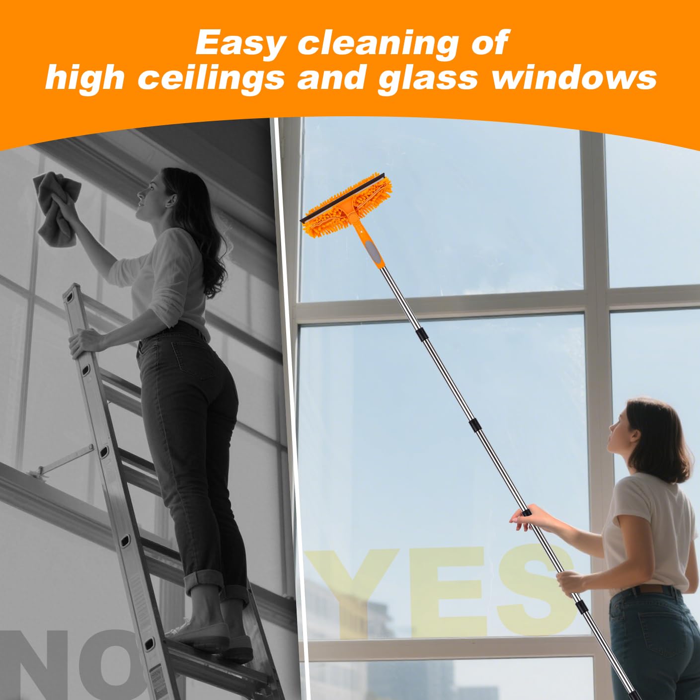 Plumero telescópico con plumero largo extensible con 1,5 ~ 4,9 m, cepillo de limpieza telescópico y cabezal de microfibra, limpiador de ventanas con estropajo, cepillo de telaraña para huecos, techos