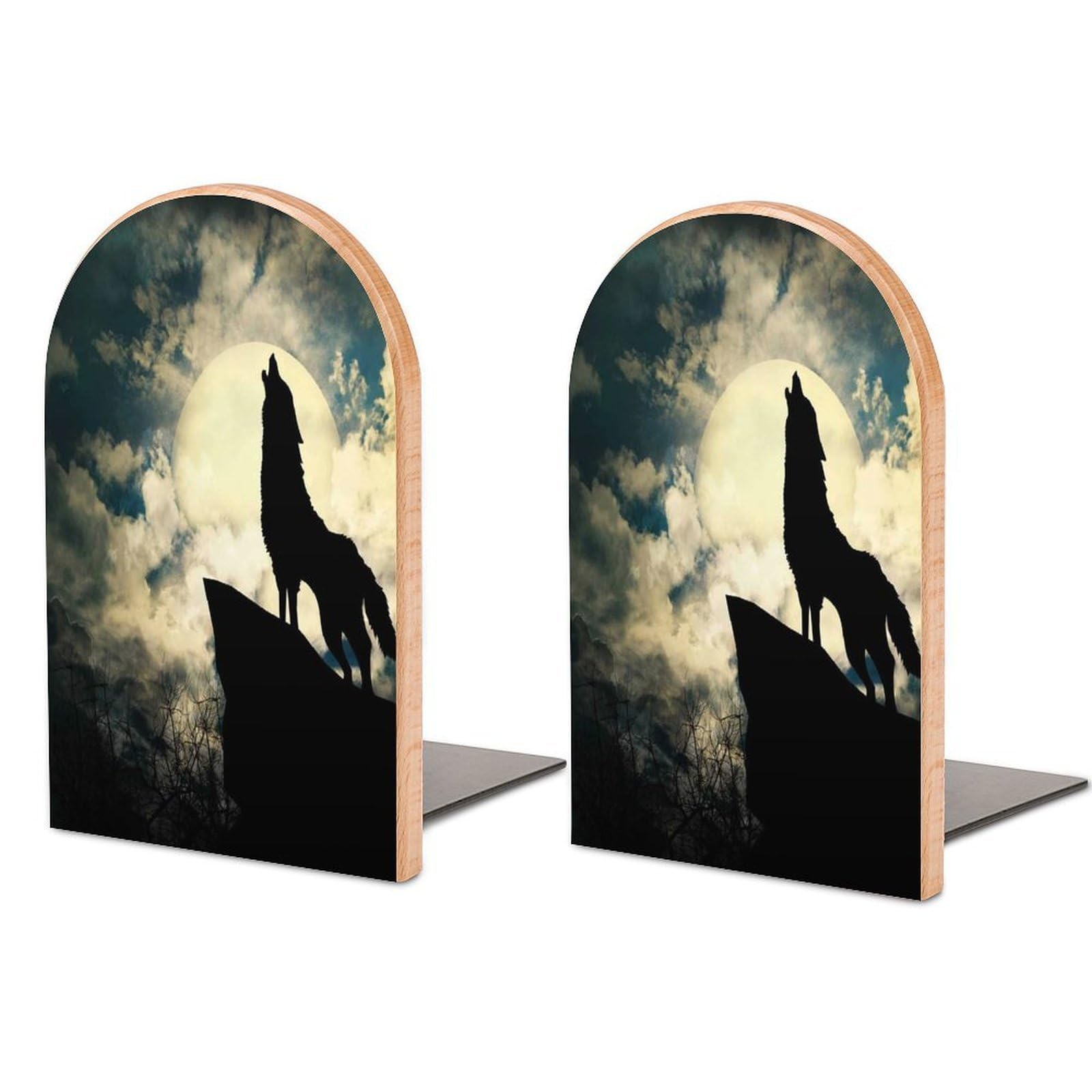 Wolf in Silhouette Howling to The Full Moon Beech Wood Bookends Heavy Duty Book Organizers Desktop File Holder for Office Home Bookshelf