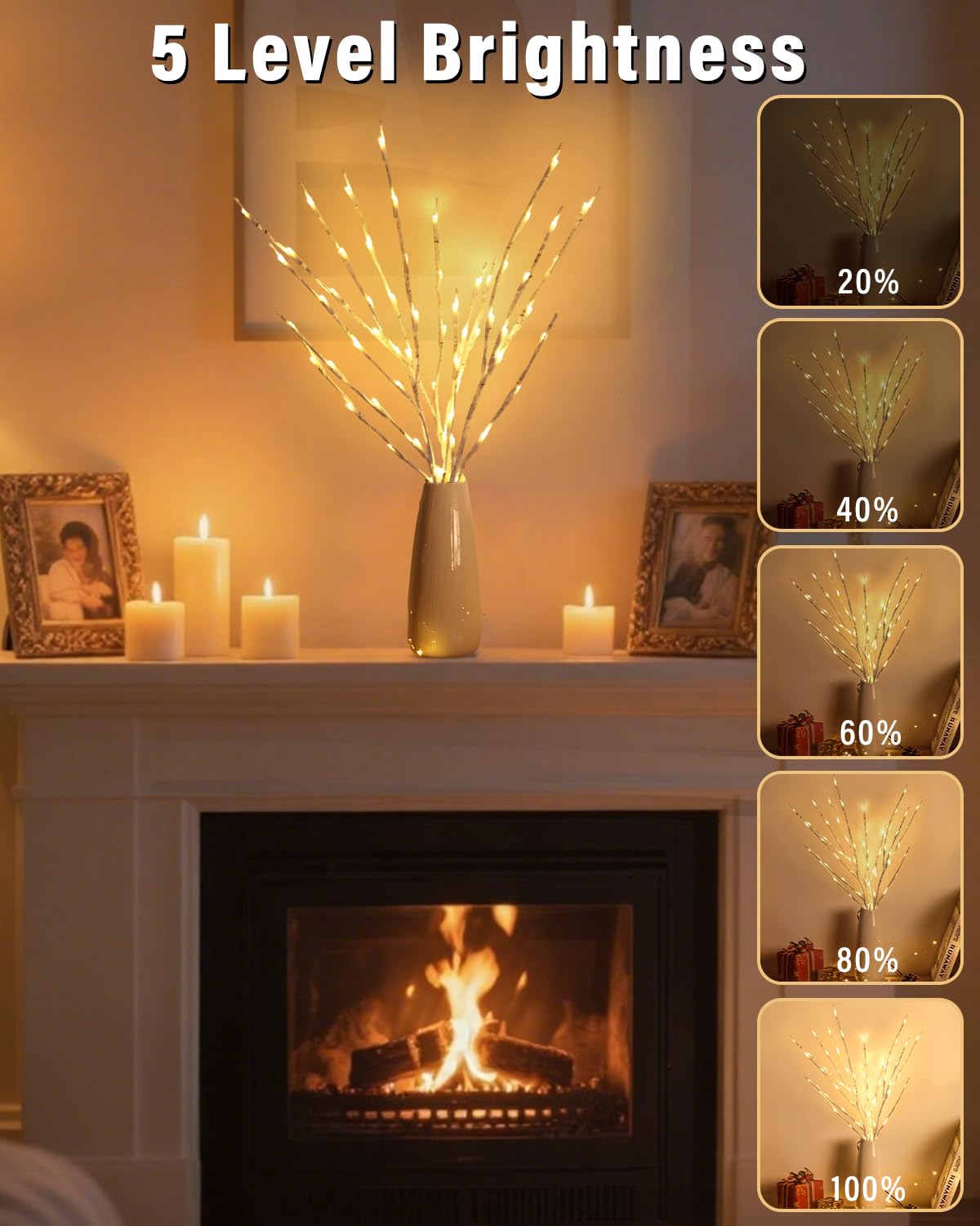 Kinamy Arbol Led, Juego de 3 Ramas de Luz 60 LED 8 Modos con Enchufe, Luces Arbol Navidad con Control Remoto y Temporizador, Decoración para Navidad, Thanksgiving, Pascua