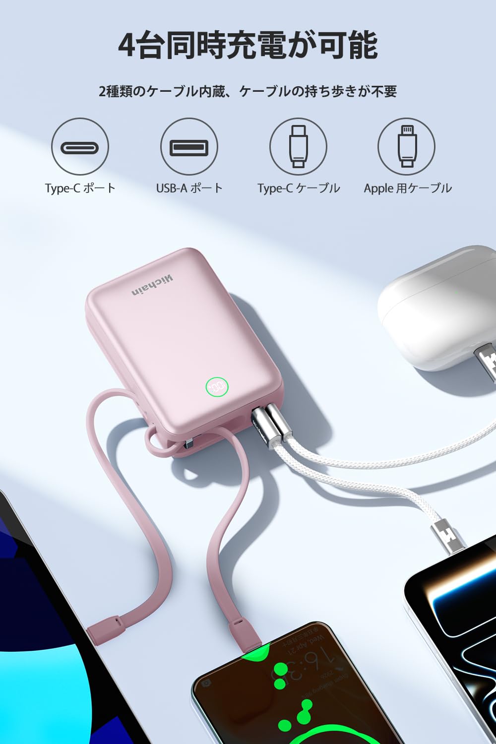 Hichain Chargeur portable 35 W à charge rapide 20 000 mAh, écran LED avec double câbles intégrés et 4 ports de sortie, chargeur de téléphone externe compatible avec iPhone, iPad, appareils Android