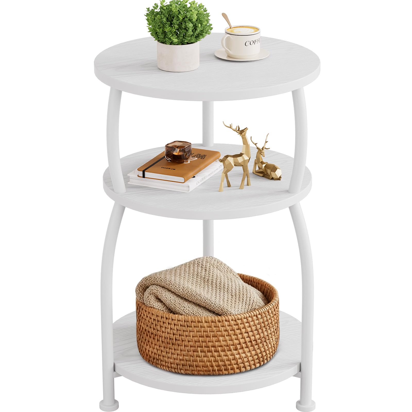 Yuede 3 Tier Side Table, Round Coffee Table, End Table with Storage Shelf, Bedside Table, for Living Room, Bedroom, Metal Frame, 40 x 61 cm, White