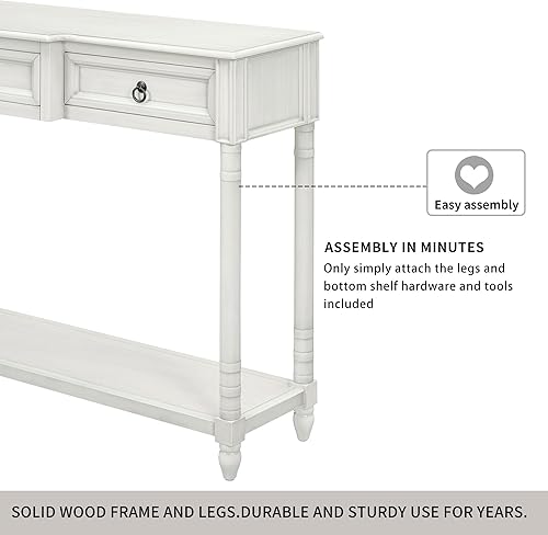 Miniatura 8 de Merax Mesa consola decorativa de granja, mesa de entrada larga con 3 cajones y estante inferior, mesas de vestíbulo para pasillo (blanco antiguo)
