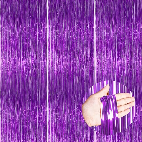 PartyWoo Purple Streamers Foil Fringe Curtain 3pcs 8.2ft Metallic Tinsel Lavender Backdrop for Birthday Graduation Bachelorette Mardi Gras Door Supplies Photo Booth Wedding Party Decorations