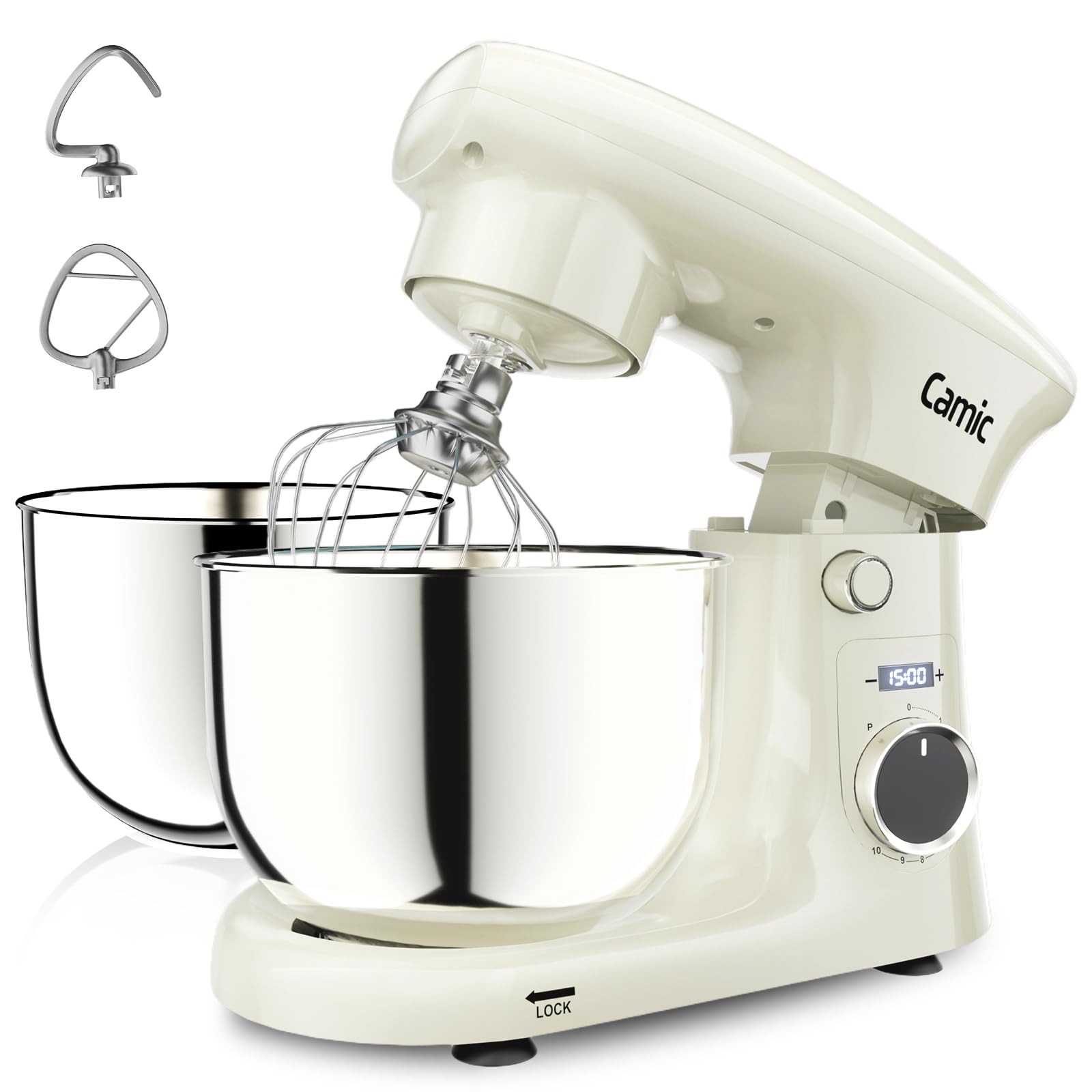Camic Küchenmaschine mit LED-Display, Zeit Einstellen, Knetmaschine mit Rührhaken, Knethaken, Schlagbesen, 10 Stufen, 2 Edelstahlschüsseln 4L+5L, für Teig, Brot, Pizza, Kuchen
