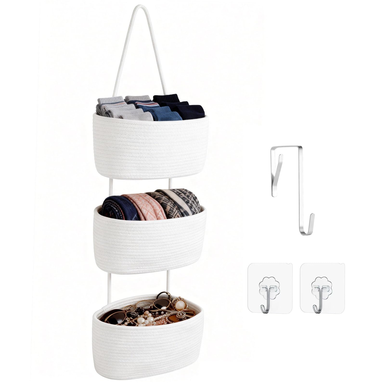 Hängender Organizer, Hängeorganizer Mit Haken, Wand Hängen Tasche Zum3-Tier, Hängeregal Stoff Wand aus Baumwollseil Gewebt, Für Wohnzimmer, Schlafzimmer, Bad, Kinderzimmer (Weiß)