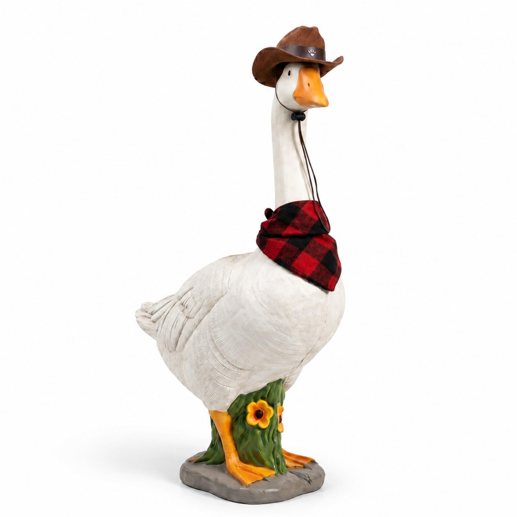 XKrmp Large Porch Goose Statue with Fillable Windproof Base, Lifelike Hollow Yard Art Outdoor Decor with Cowboy Hat & Bandana, Fits Standard Seasonal Outfits, 14-Inch