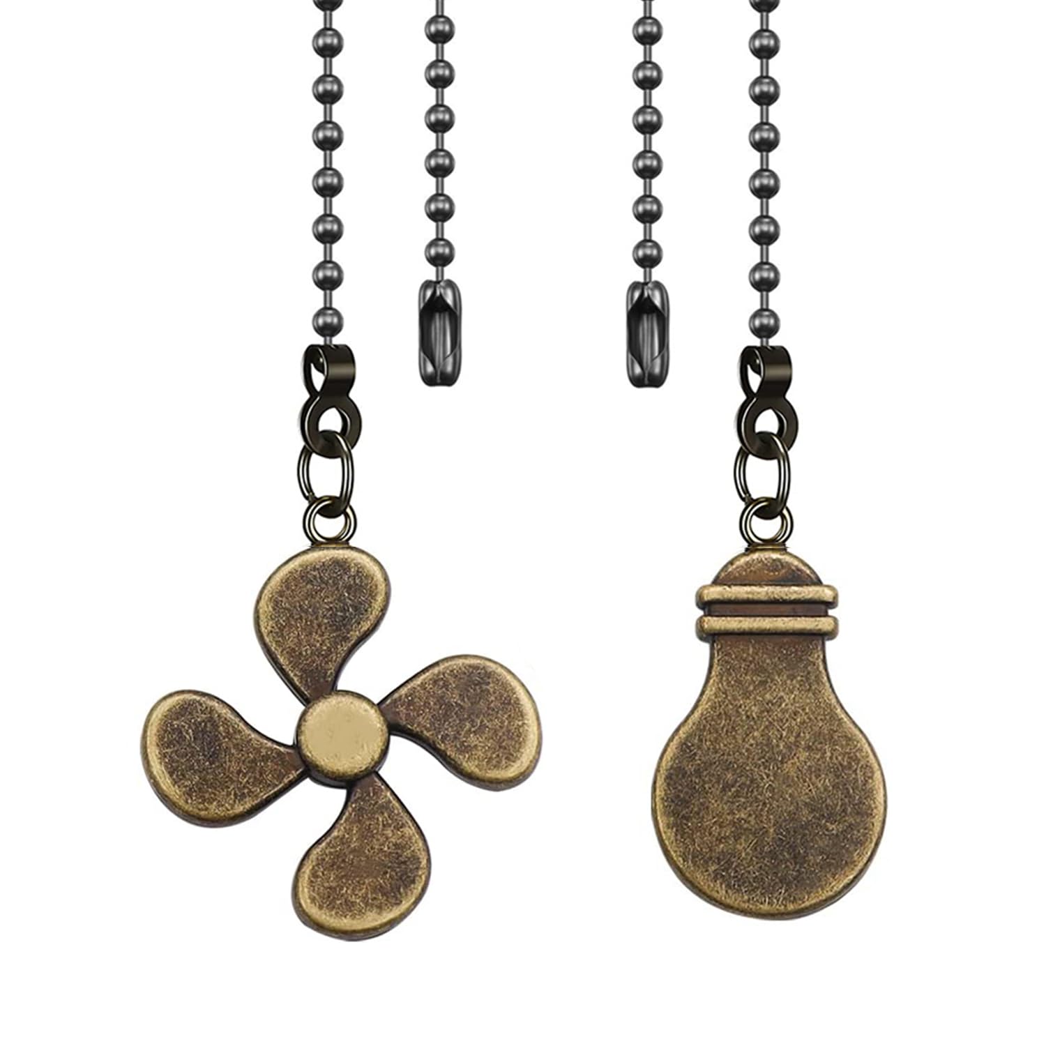 2Pack Metal Ceiling Fan Pull Chain, 12inch Fan and Bulb Pattern Ornaments Cord Extension, 3mm Ball Chain Pull Pendant Extender with Connector, Bronze