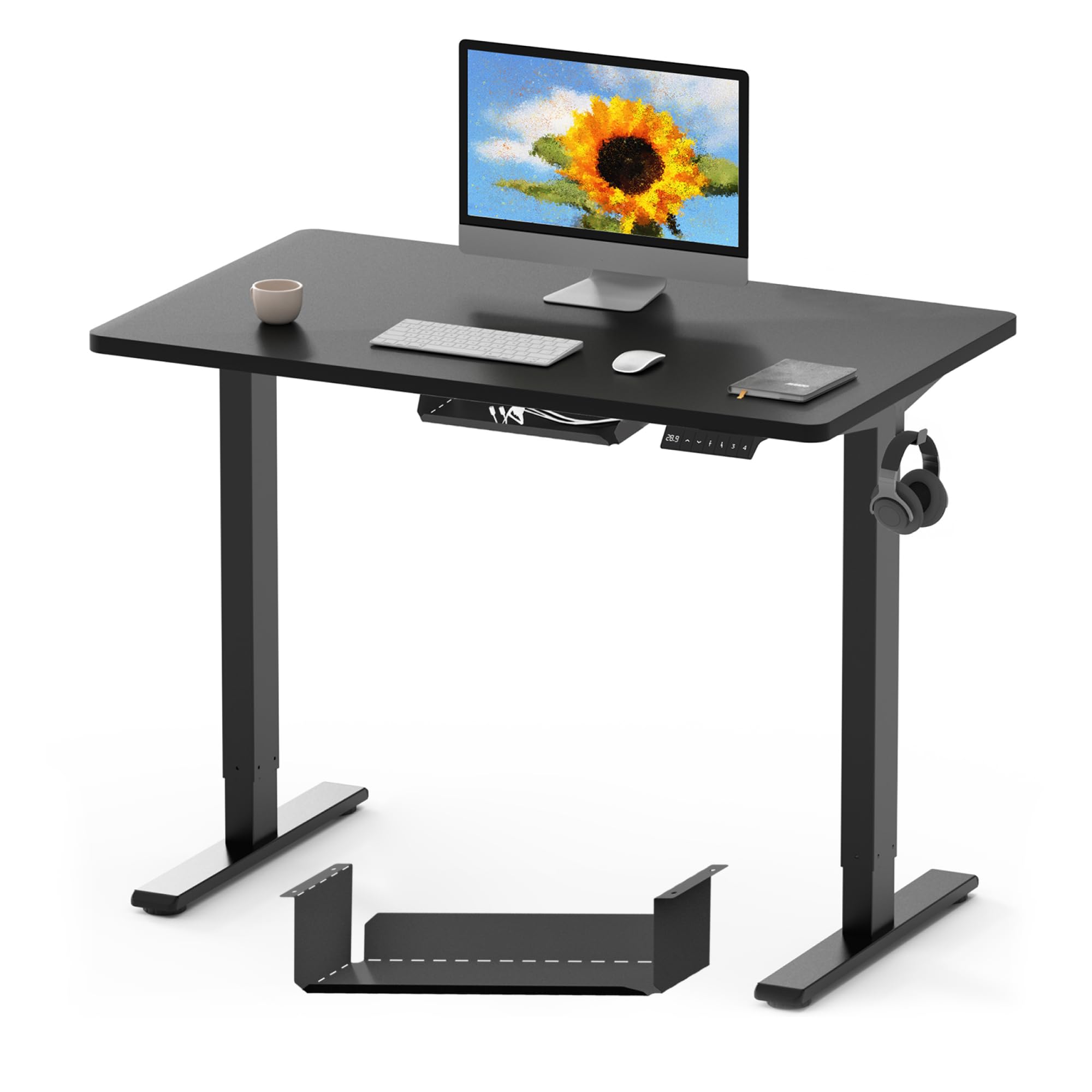 FLEXISPOT ONE PIECE Electric Standing Desk Height Adjustable Desk Sit Stand Desk with 4 Memory Smart Pannel and Backpack Hook for Home Office, 100 x 60cm Black
