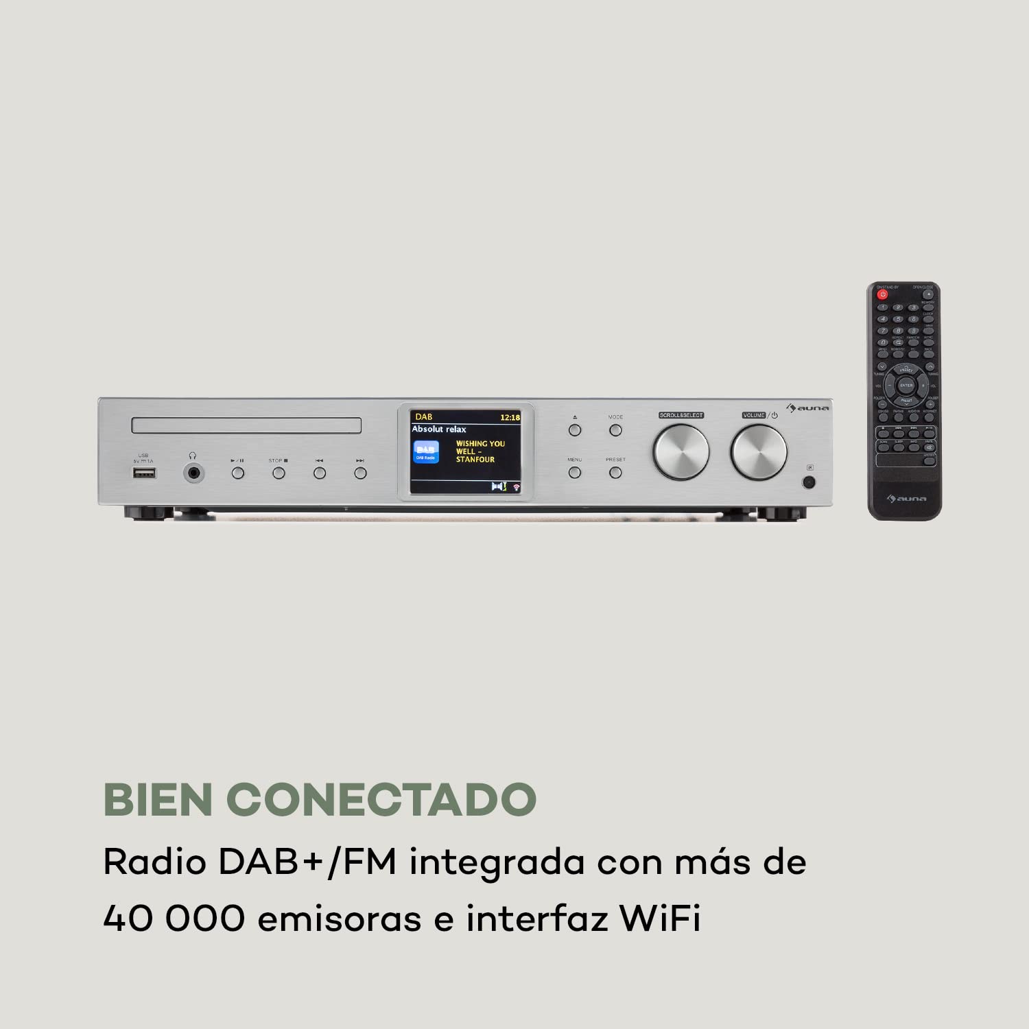 AUNA iTuner CD Receptor HiFi Radio de Internet/Dab+/FM Reproductor de CD WiFi Plata