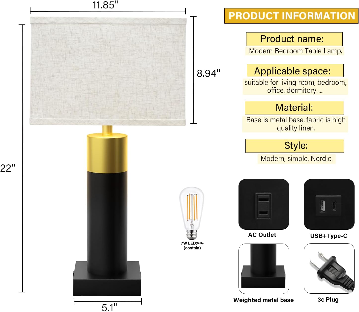 OYedis Table Lamps for Living Room 3-Way Dimmable Touch Bedside Lamp Modern Bedroom Lamp 22" Desk Lamp for Nightstands Bedroom with White Linen Shade Bulbs Included (Black+Gold)