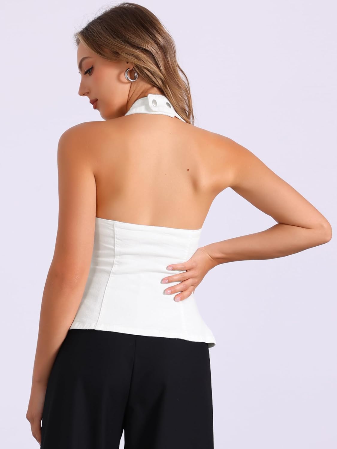 Allegra K Denim Vest for Women's Halter Neck Button Down Backless Jean Waistcoat - Image 3