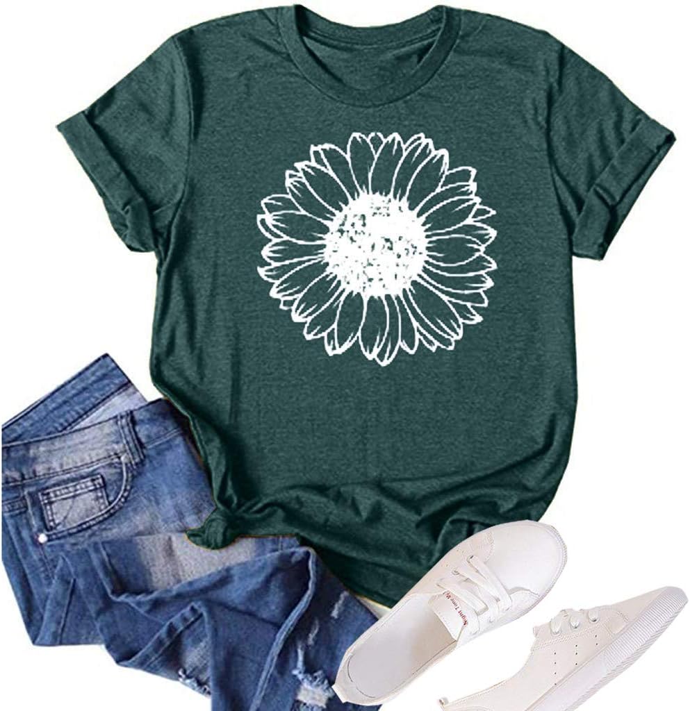 Women's Summer Sunflower T Shirt Cute Flower Graphic Loose Tees Crew Neck Short Sleeve Casual Tops
