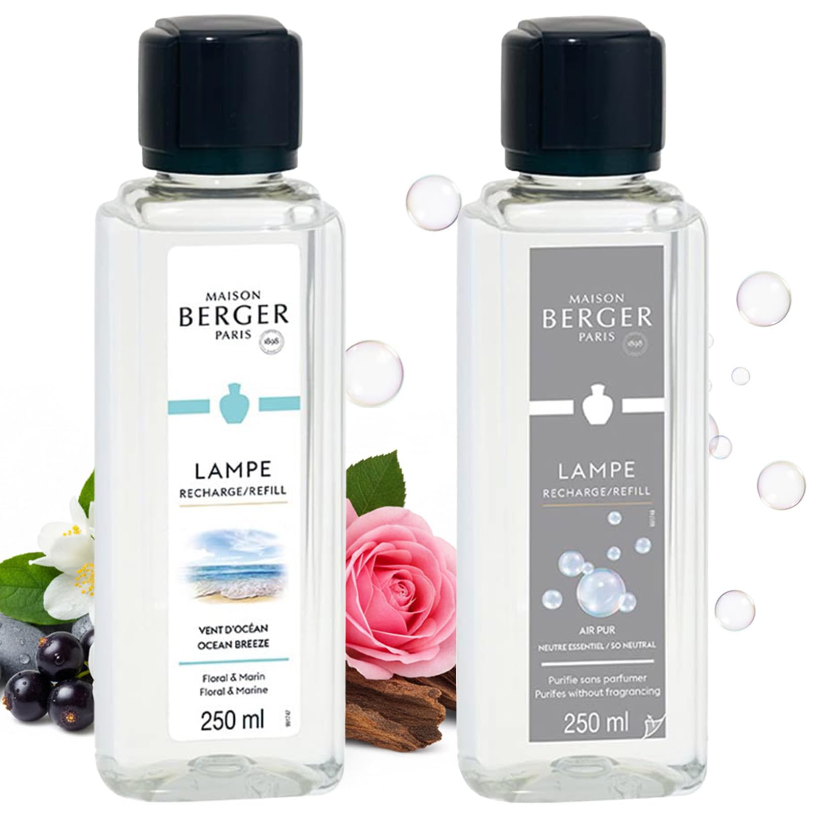 Maison Berger – Set Lampe Berger Essentielle Cuadrada con 2 Recargas de 250 ml – Air Pur y Vent d’Océan – Lámpara catalítica para perfumar el hogar – Difusión fina, homogénea y duradera