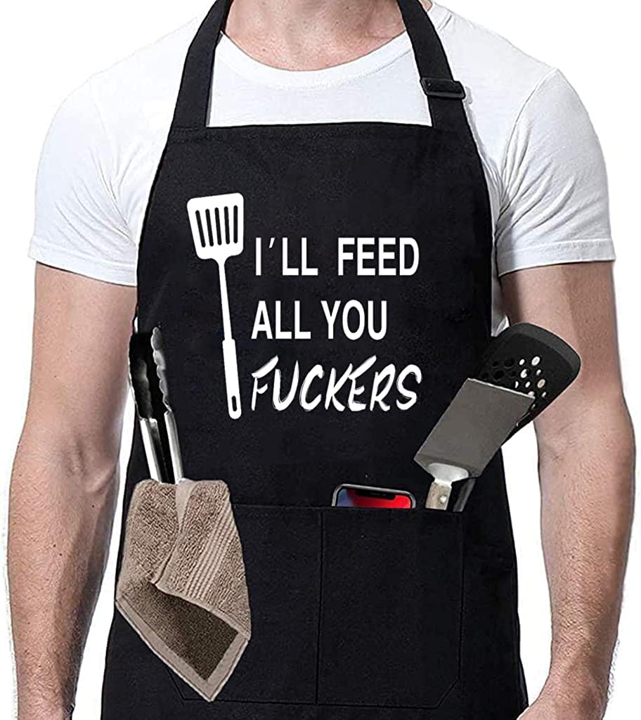 Rosoz Funny Black Chef Aprons for Men Adjustable BBQ Grill Kitchen Cooking Aprons with Pockets, Grill Accessories