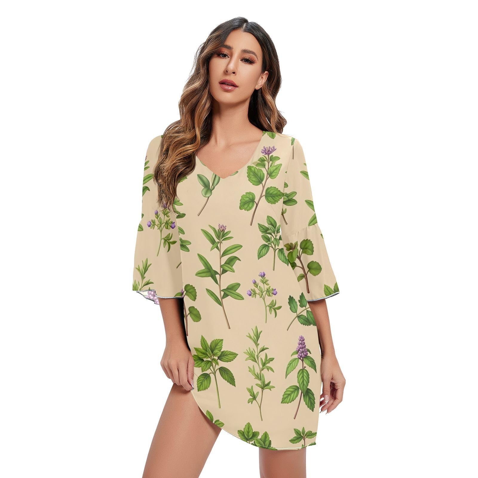 Robe courte en mousseline de soie verte botanique style vintage