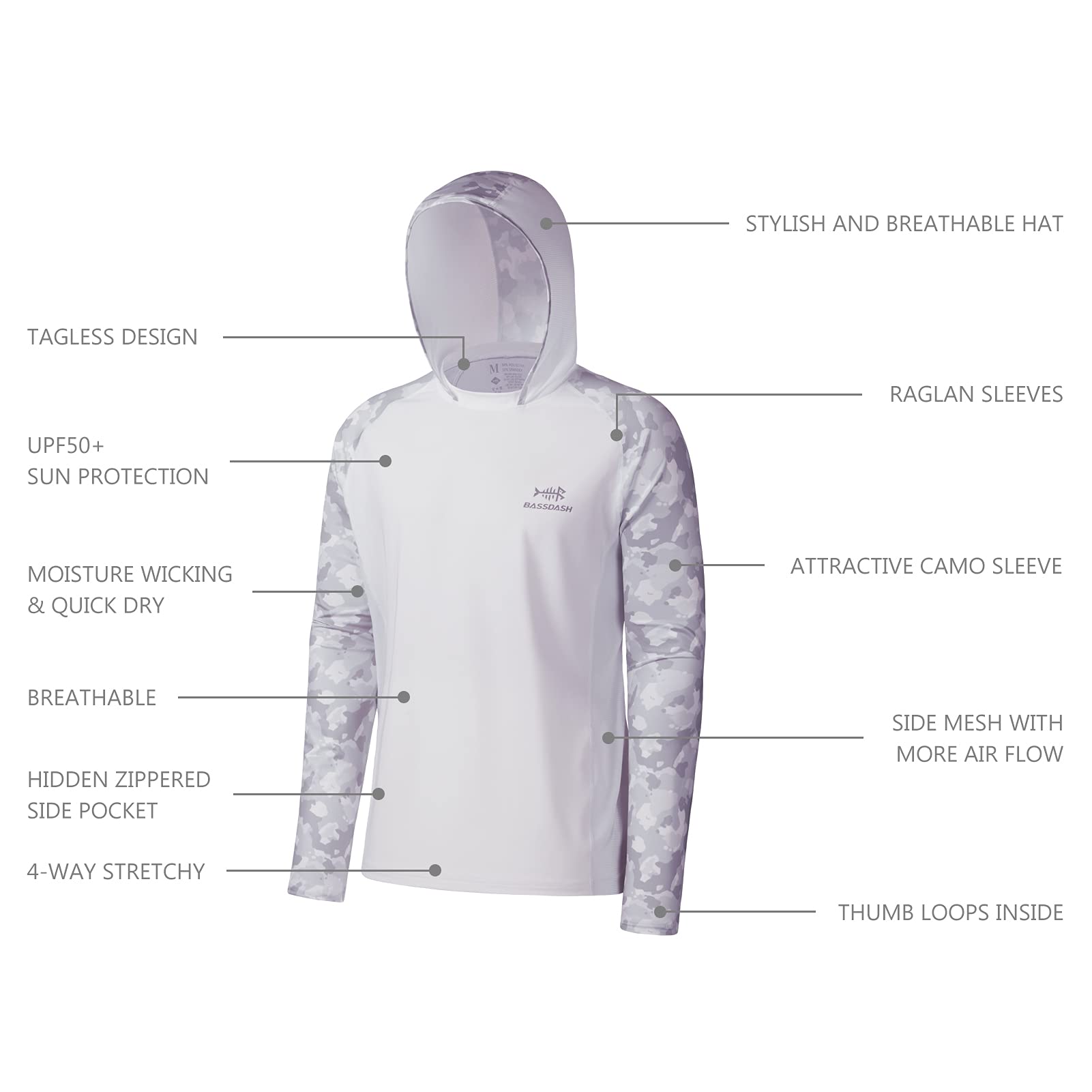 Bassdash Camiseta de Pesca de Rendimiento UPF 50 para Hombre con Capucha de refrigeración de Camuflaje de Manga Larga