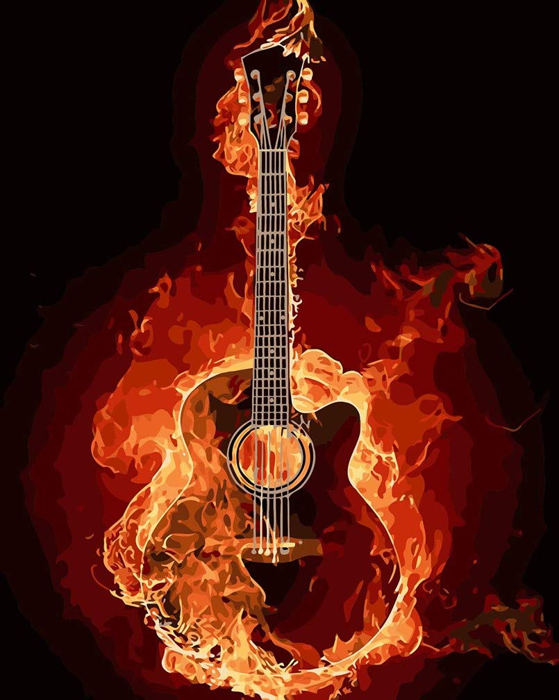 Awesocrafts White Paint By Numbers Kits, Fire Guitar Music Number Painting For Adults 16X20 Inch (Guitar, No Frame)