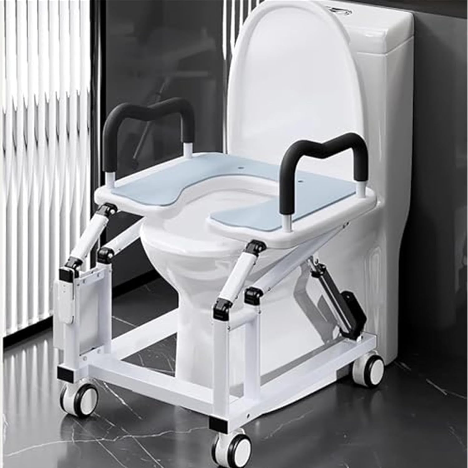Rialzo automatico per sedile WC con sollevamento elettrico, doppi braccioli e ruote per una maggiore mobilità e comfort