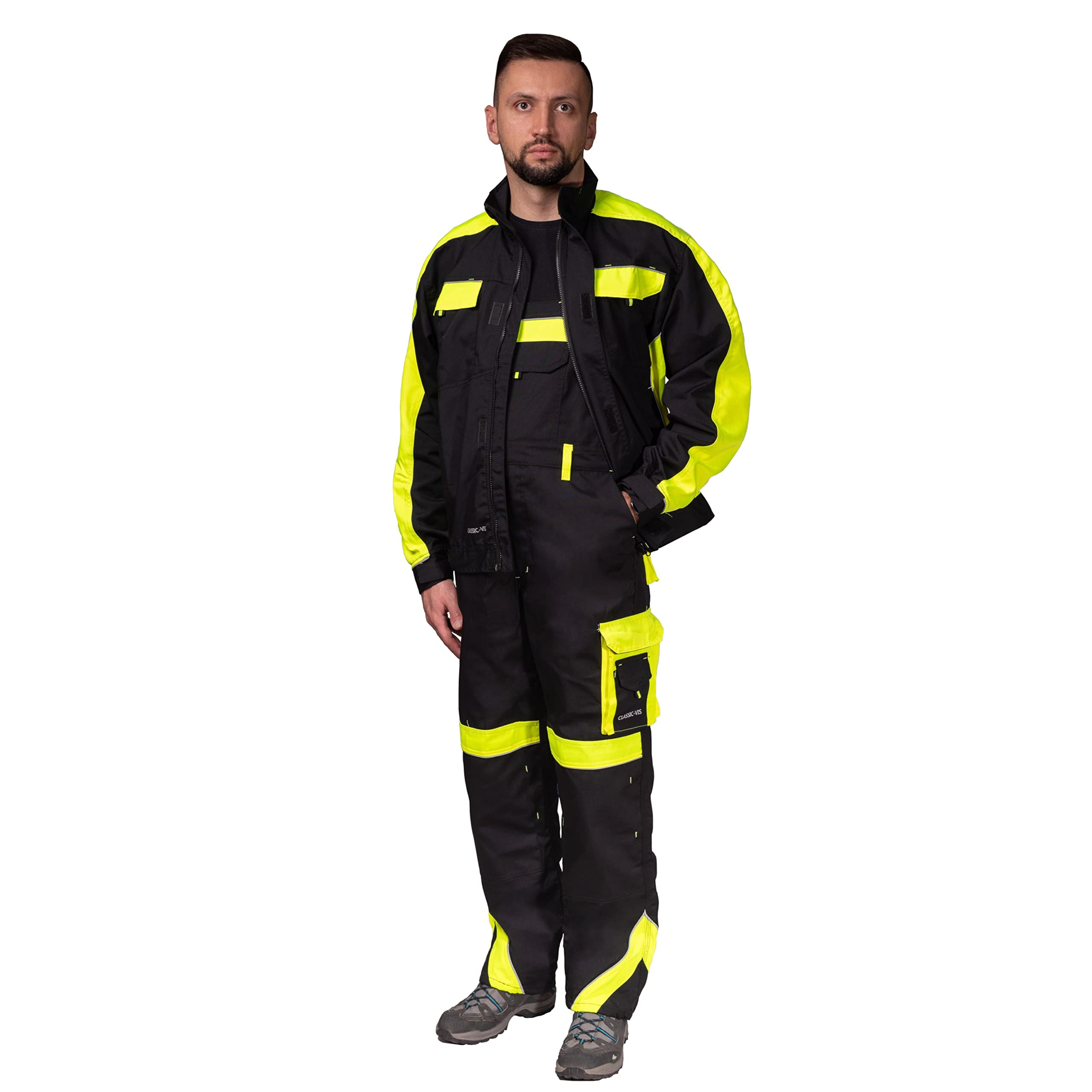 Kombinezony ogrodniczki ogrodniczki męskie Hi Vis odblaskowe spodnie z ochraniaczami na kolana kurtka dostępne idealne do pracy mechanika podłogi Trades
