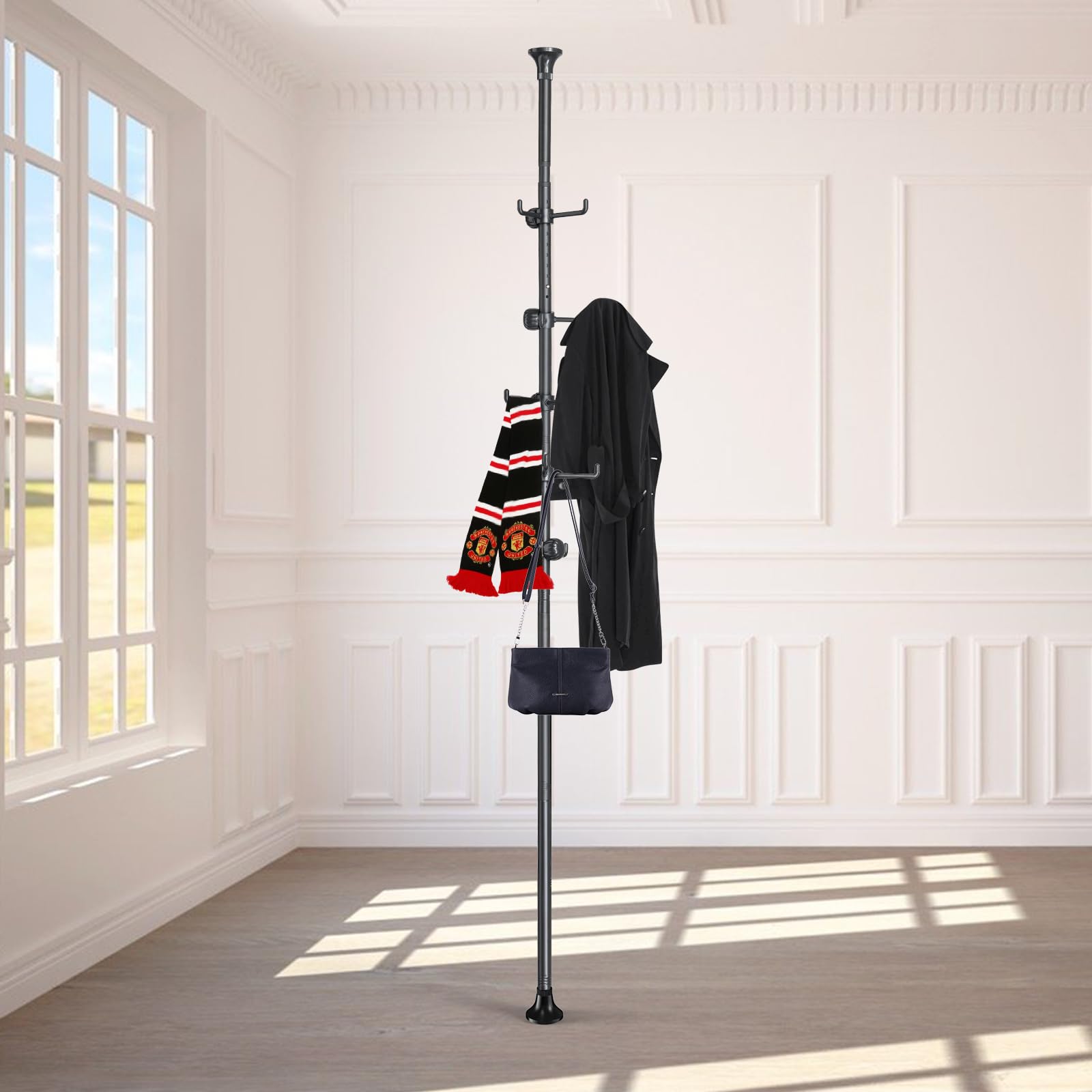 Appendiabiti autoportante, regolabile, 142,2-317,5 cm, asta di tensione, 12 ganci, per cappotti, cappelli, camera da letto, soggiorno, cucina, bagno, appartamento, ingresso, ufficio, nero