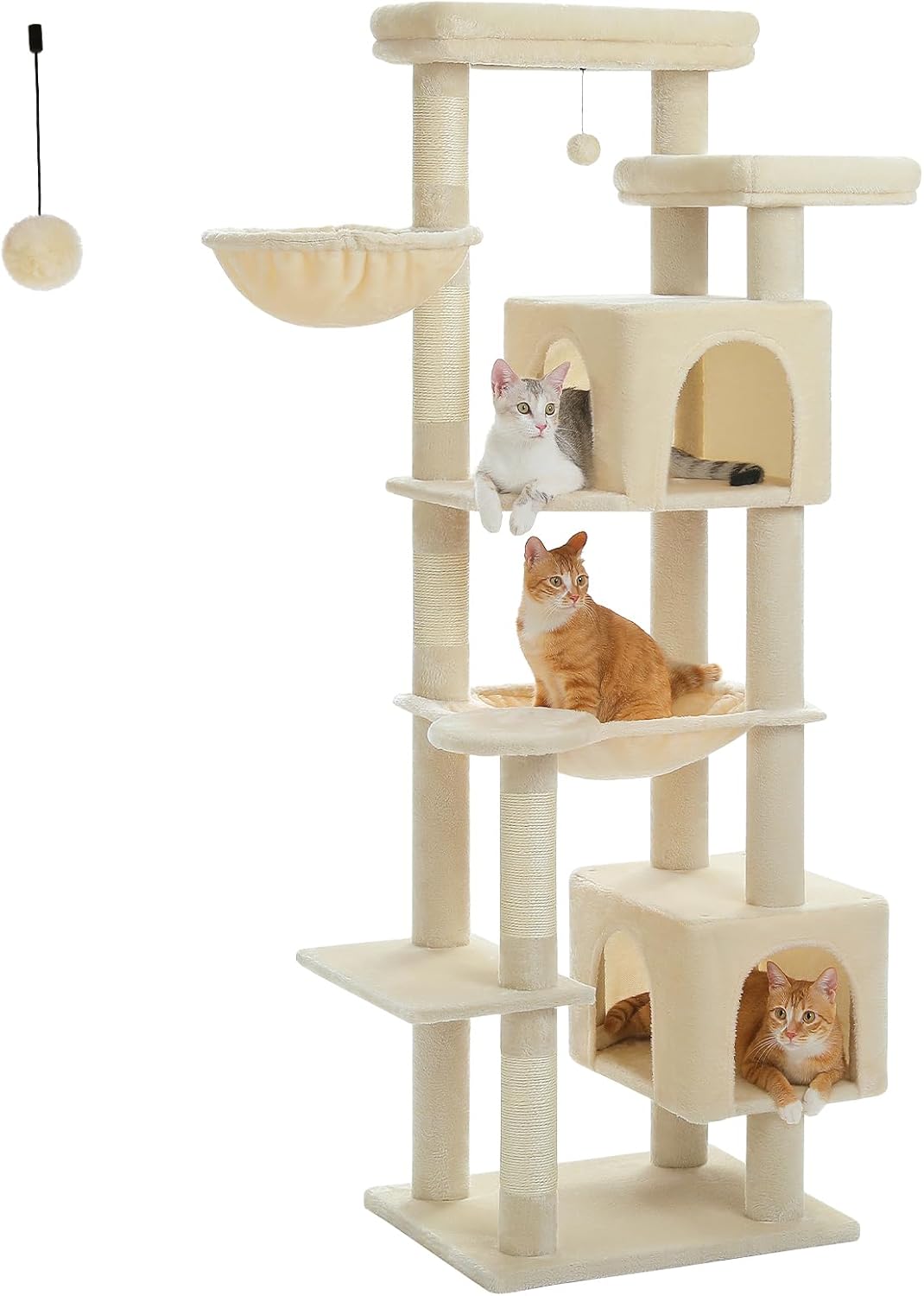 PAWZ Road Large Cat Tree for Indoor Cats, 70 Inches Multi-Level Cat Tower, Cat Tree for Large Cats – Activity Center with 5 Sisal Scratching Posts, 2 Condos, Basket, Hammock & Plush Perches – Beige