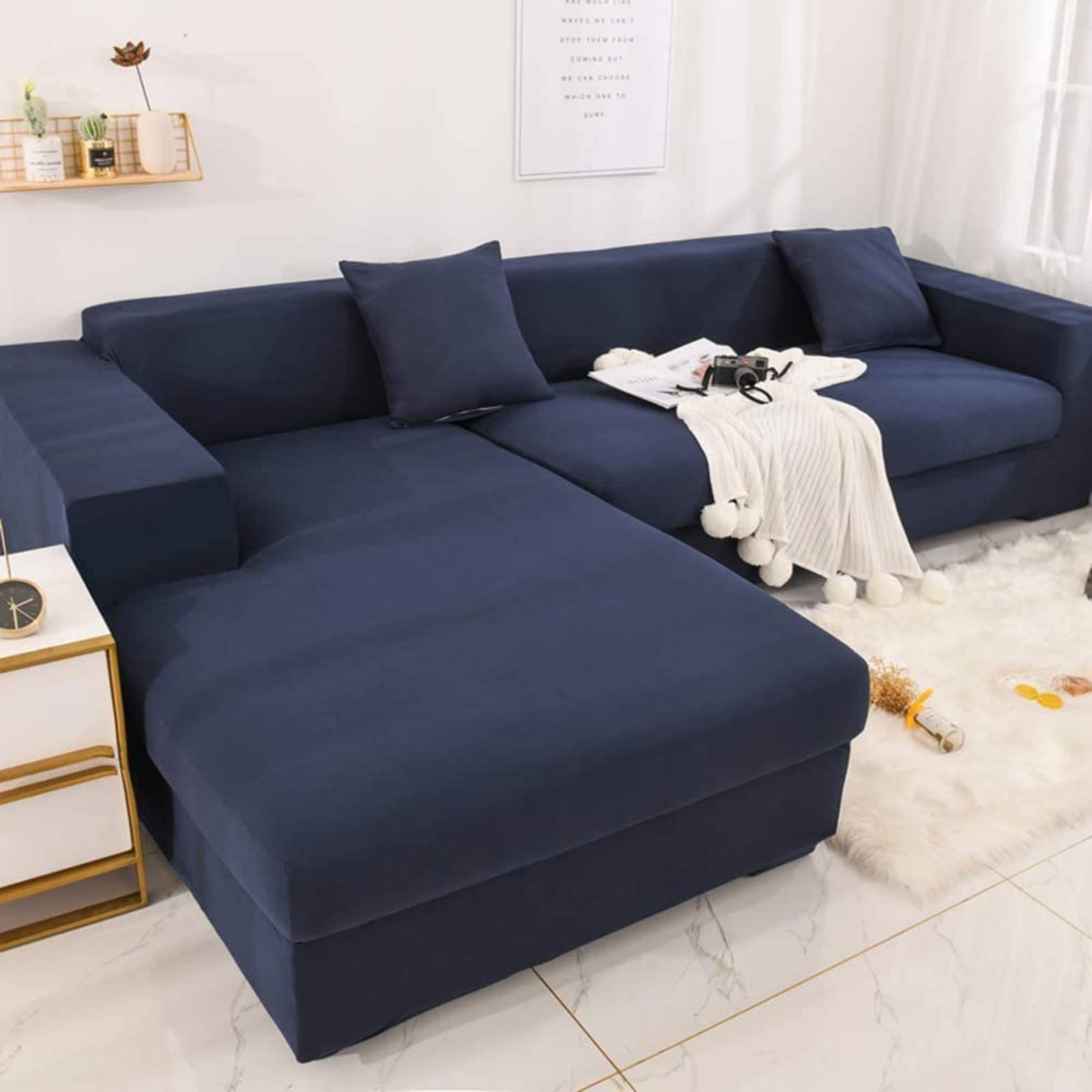 MGEMJMJ Stretch L Shape Sofa Cover,Slipcover Couch 1 Piece Couch Cover,Sectional Couch Covers Jacquard Fabric Sofa Slipcover(Size:sofa 190~230cm(75~91inch),Color:Dark Blue)