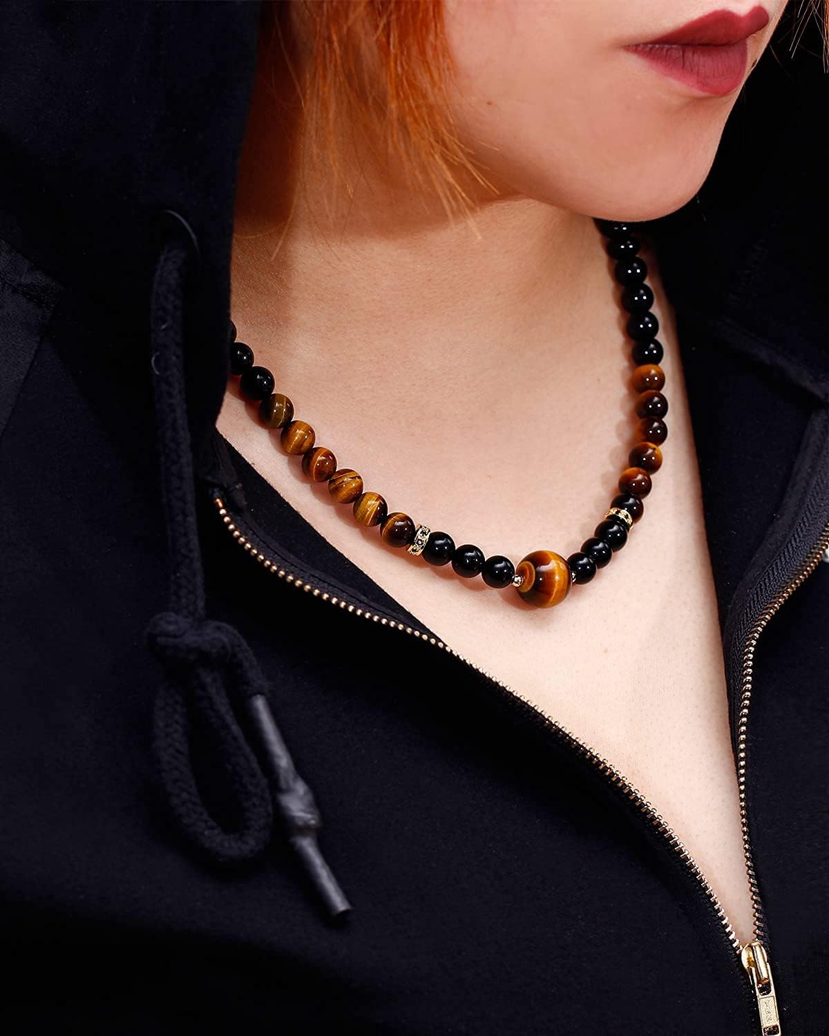 Black Choker Necklace for Women or Men Jewelry Healing Crystals and Worry Stones Essential Oil Diffusers Beaded Necklaces Strand Good Luck Gift