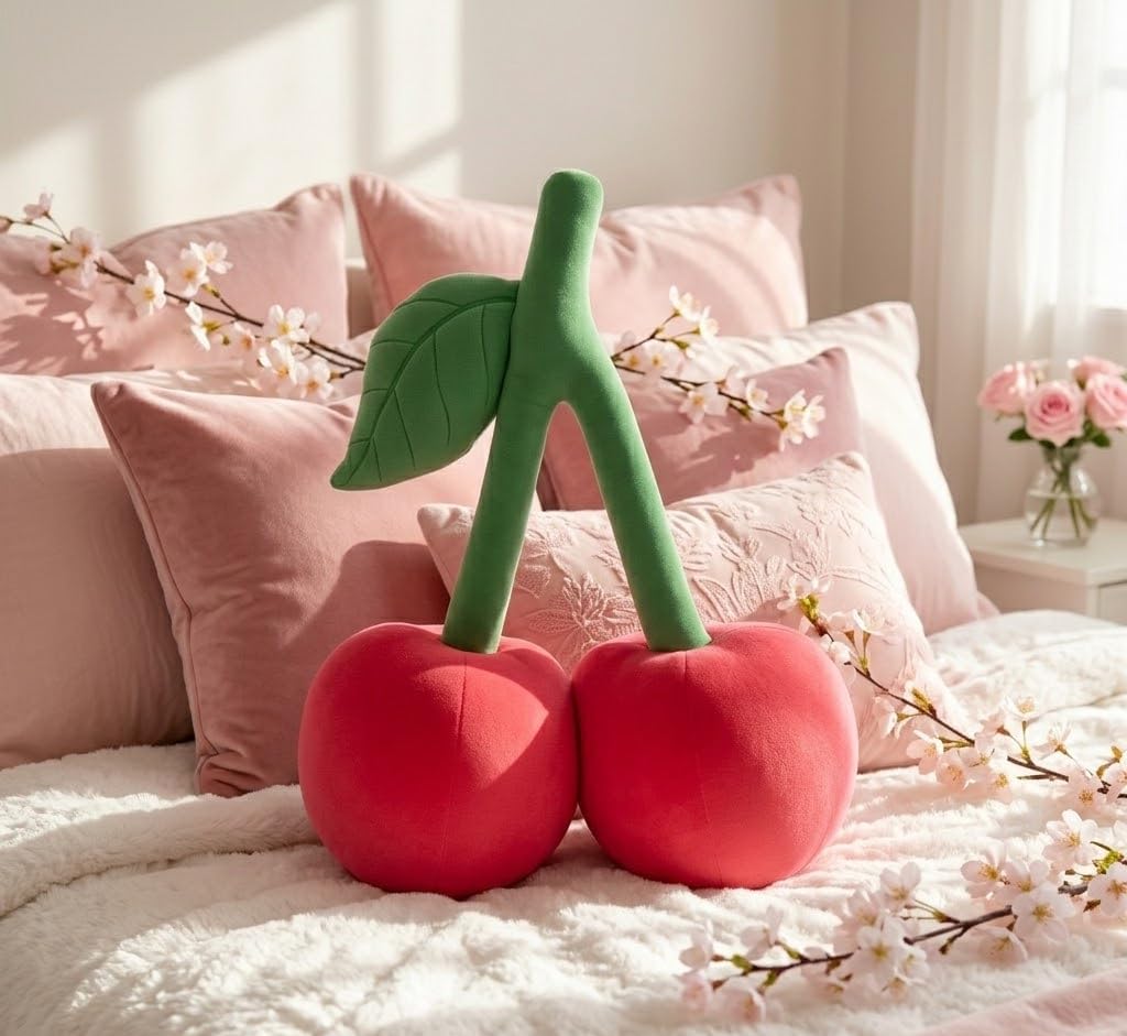 Cherry Pillow for Preppy Room Decor –17x14 In 3D Decorative Cherry Throw Pillow in Luxe Velvet –Shape Hold Fill Fruit Cushion with Sculpted Stem & Embroidered Leaf for Sofa & Aesthetic Home Decor Pink