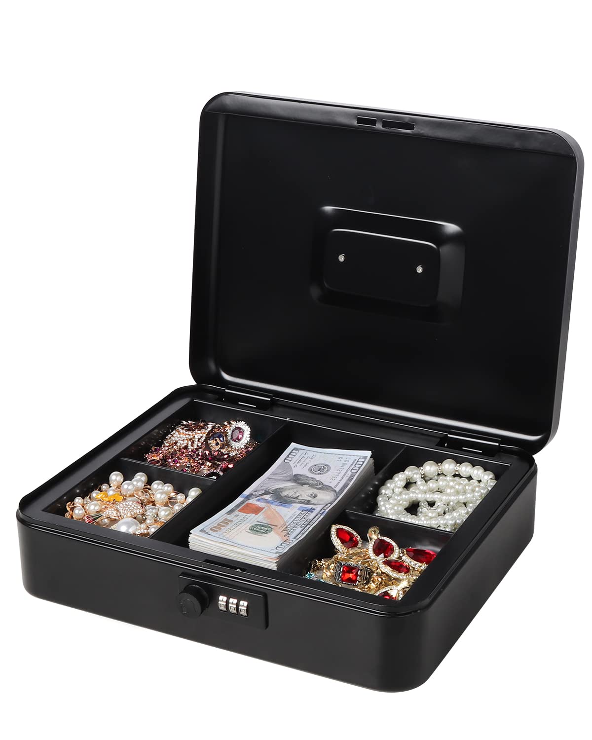 Große Geldkassette mit Zahlenschloss, Metall Spardose für Bargeld, Lovndi Schlossbox mit Geldfach, 11,8 x 9,5 x 3,54 Zoll, Schwarz